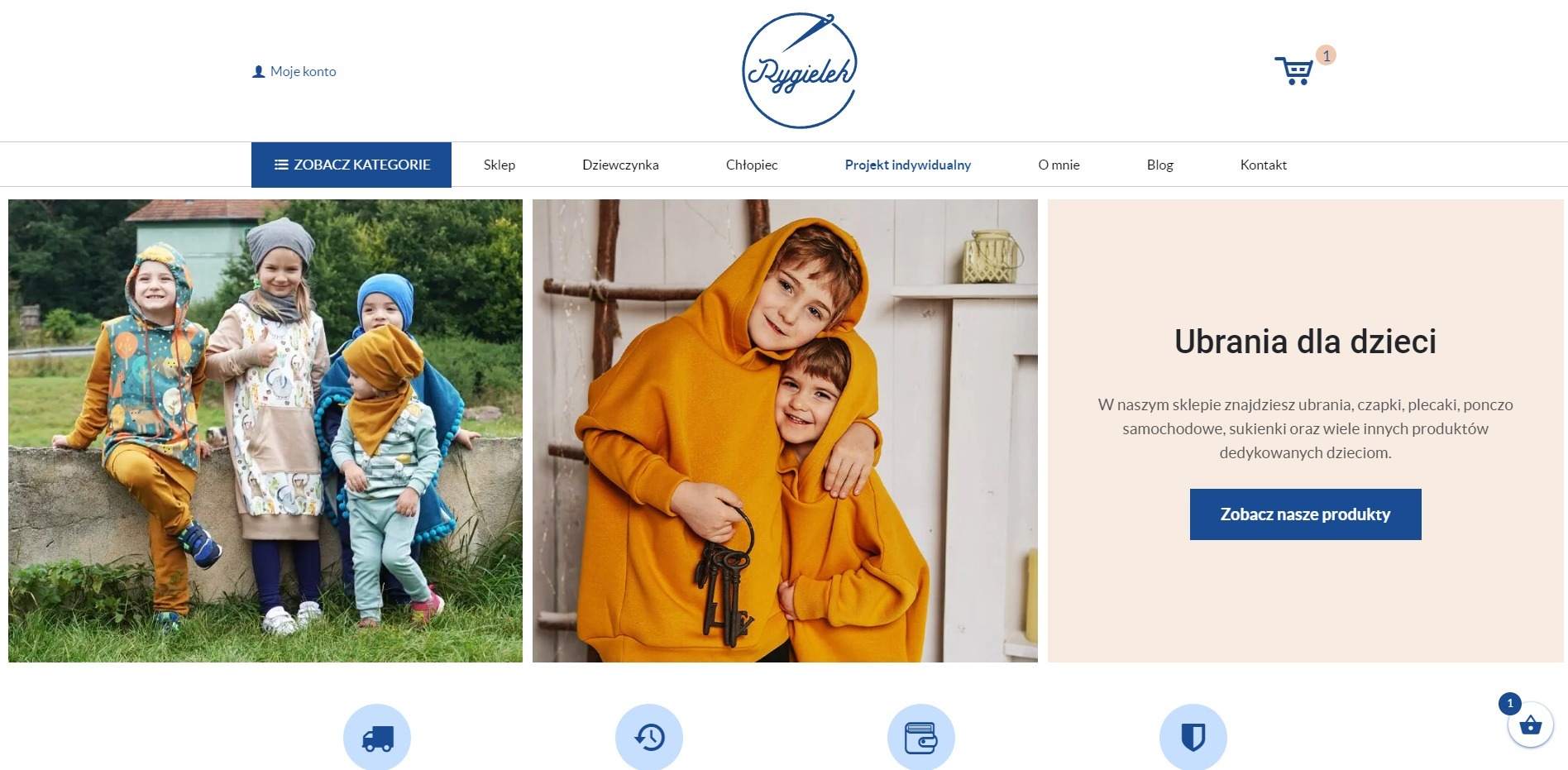 Strona internetowa sklepu z odzieżą dziecięcą Rygielek.pl, prezentująca zdjęcia uśmiechniętych dzieci w kolorowych ubraniach, w tym bluzy, spodnie i nakrycia głowy.