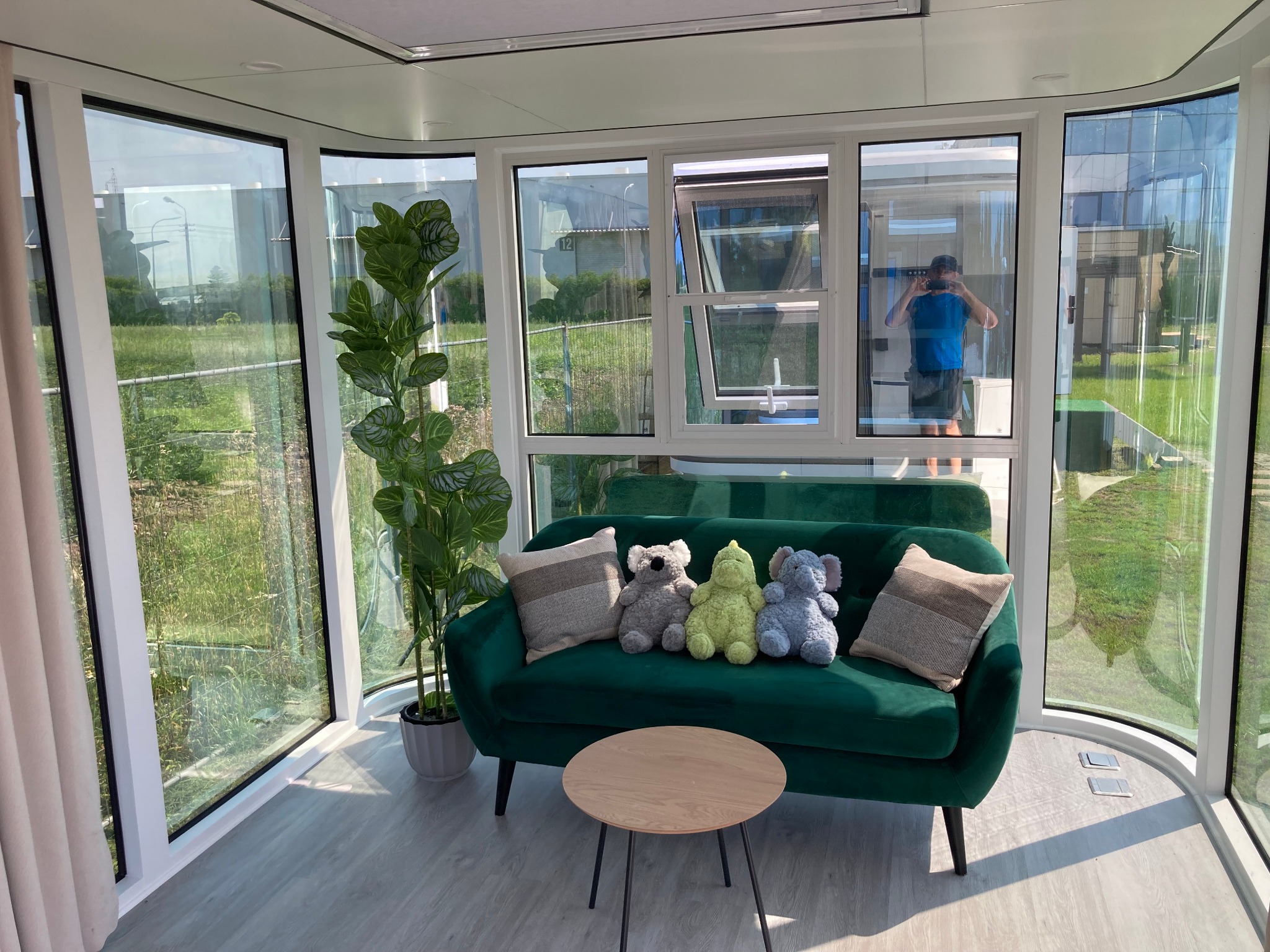 Jasne wnętrze z zieloną sofą, pluszakami i widokiem na zewnątrz przez duże okna. Osoba robiąca zdjęcie widoczna w odbiciu szyby.