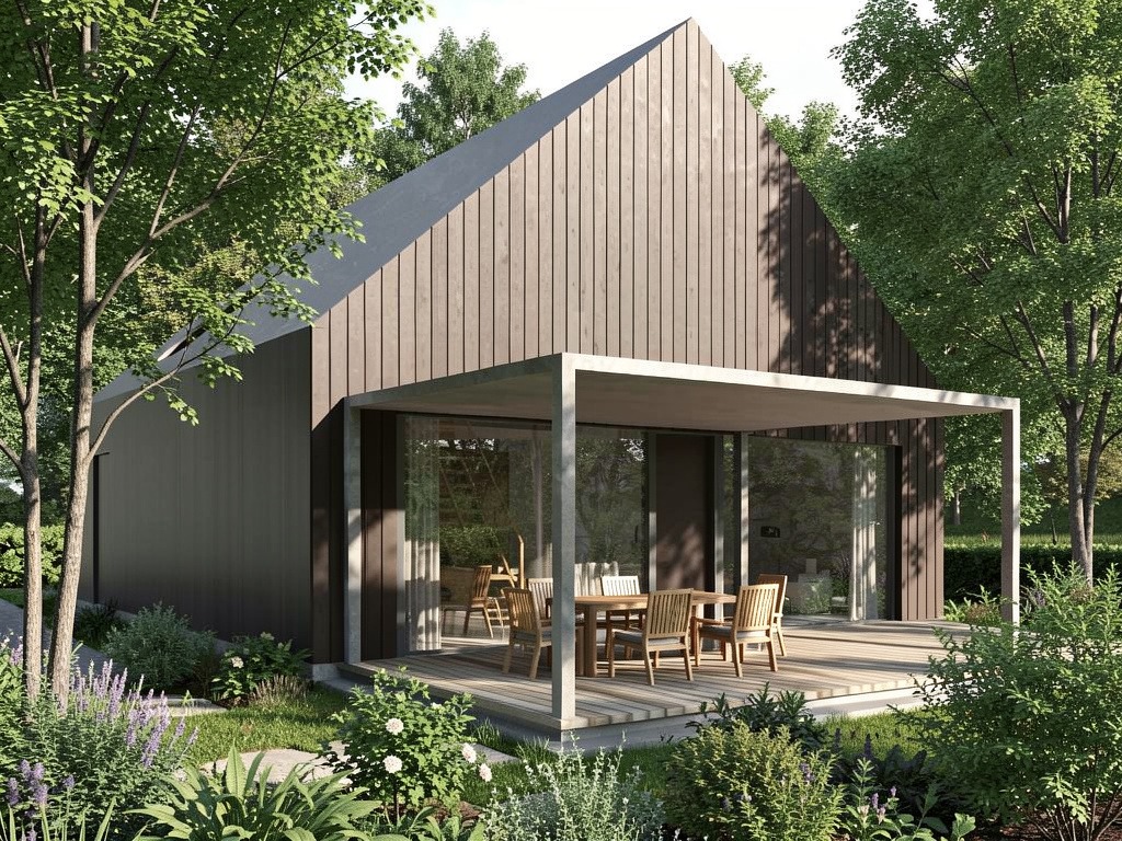 Wizualizacja nowoczesnego domu jednorodzinnego z drewnianą elewacją i tarasem, otoczonego zielenią. Minimalistyczny design, duże przeszklenia, naturalne materiały.