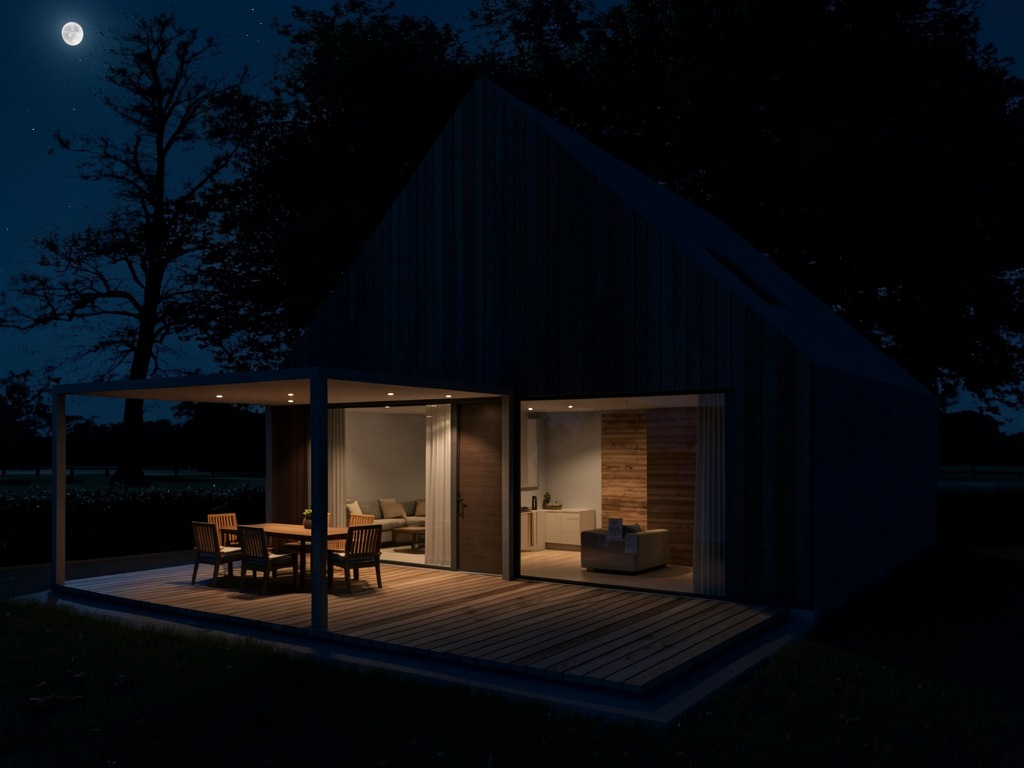 Nowoczesny dom z tarasem oświetlonym nocą, widok na wnętrze przez przesuwne szklane drzwi, minimalistyczny design, księżyc w tle.