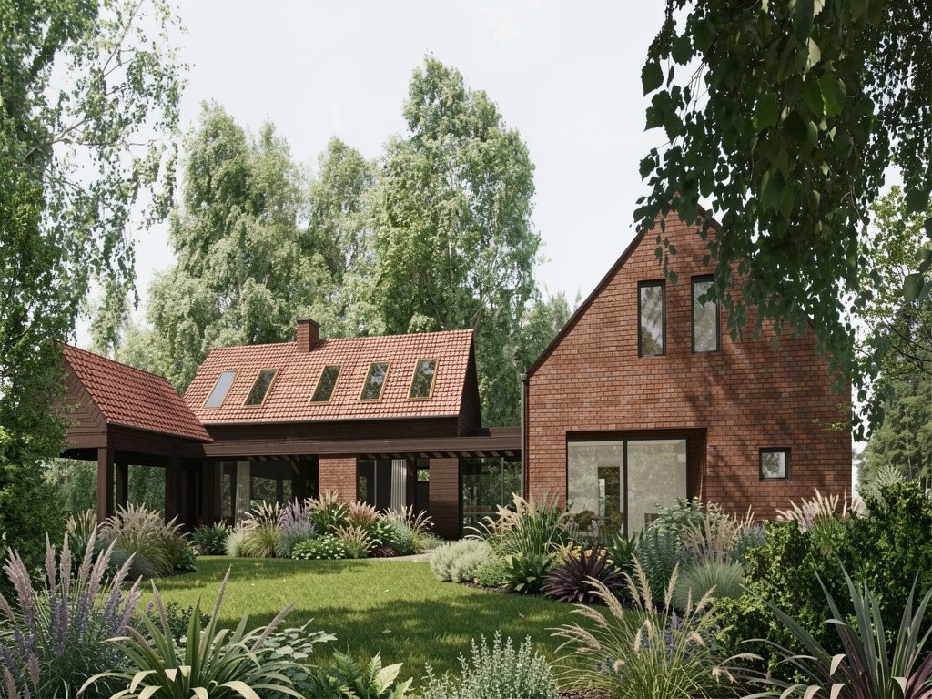 Wizualizacja domu z czerwonej cegły z dachem z dachówki, otoczonego zielenią. Widoczne okna dachowe i duże przeszklenia. Projekt domu z ogrodem.