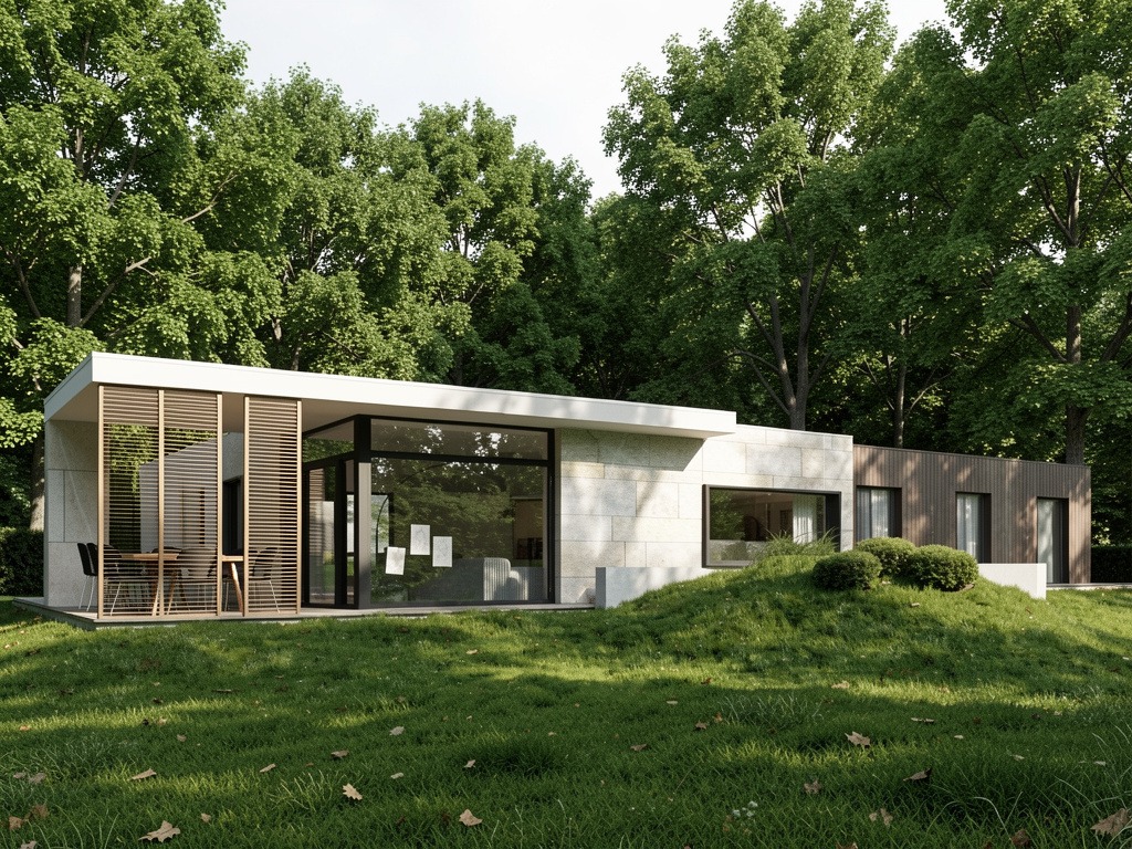Nowoczesny, parterowy dom z płaskim dachem i dużymi przeszkleniami, otoczony zielenią. Elewacja z kamienia i drewna. Widok z zewnątrz, w słoneczny dzień.