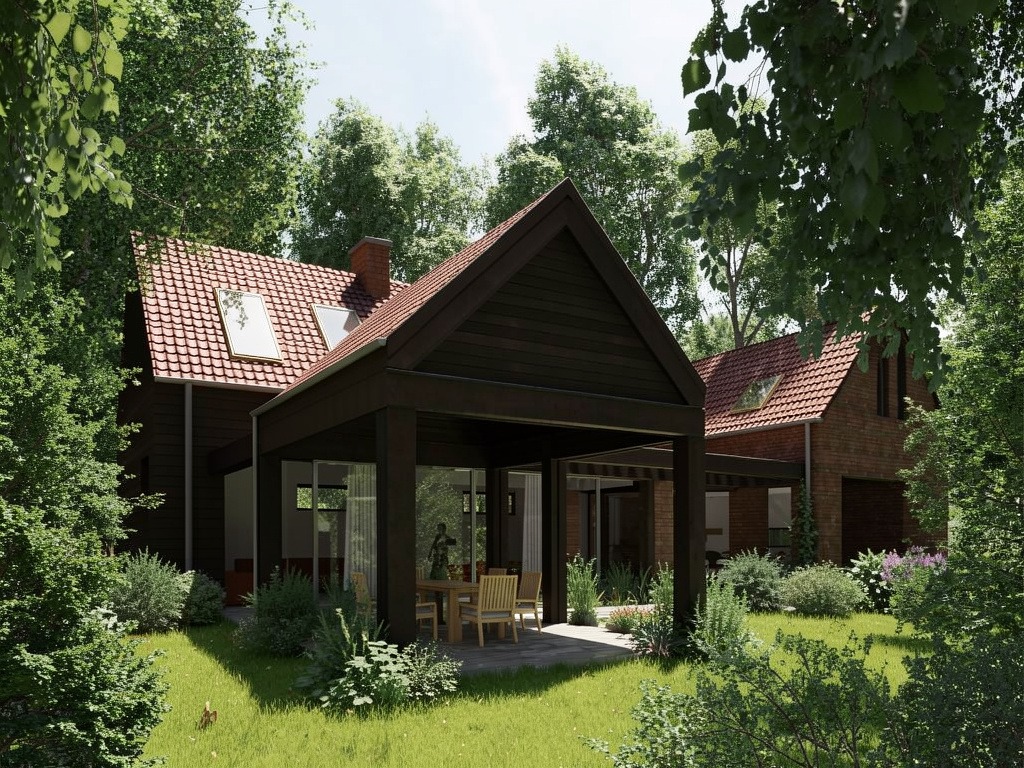 Wizualizacja domu z ciemnego drewna z przeszkloną werandą i czerwonym dachem, otoczonego zielenią. Ujęcie z poziomu trawnika, w tle drugi budynek z cegły.