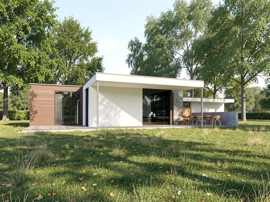 Nowoczesny dom jednorodzinny z płaskim dachem, elewacją z drewna i białego tynku, otoczony zielenią. Widoczne duże przeszklenia i taras z meblami ogrodowymi.