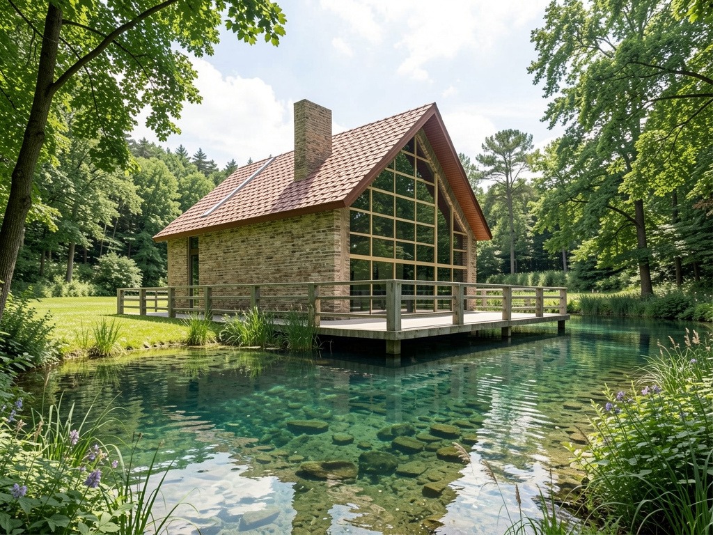 Kamienny budynek z dużym oknem i drewnianym tarasem nad krystalicznie czystym stawem, otoczony zielenią drzew i roślinności. Nietypowa architektura w naturalnym otoczeniu.