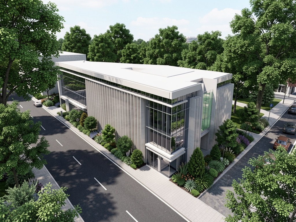 Wizualizacja budynku usługowego z nowoczesną fasadą, dużymi oknami i otoczeniem zieleni. Ujęcie z góry ukazuje architekturę i zagospodarowanie terenu.