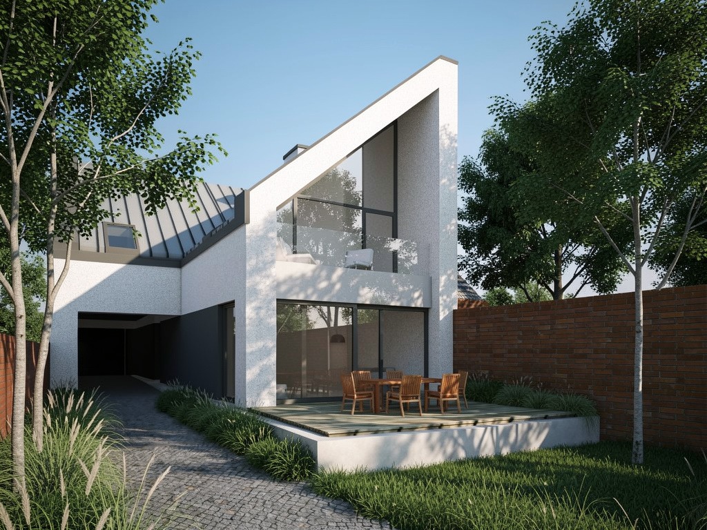 Nowoczesny dom z białym tynkiem i skośnym dachem, taras z drewnianą podłogą i meblami ogrodowymi, otoczony zielenią i brukowaną ścieżką.