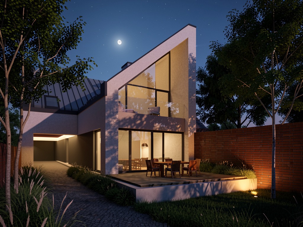 Nowoczesny dom z dużymi oknami i tarasem oświetlonym nocą. Widoczne drzewa i ceglany mur. Minimalistyczny design z elementami drewna i kamienia.