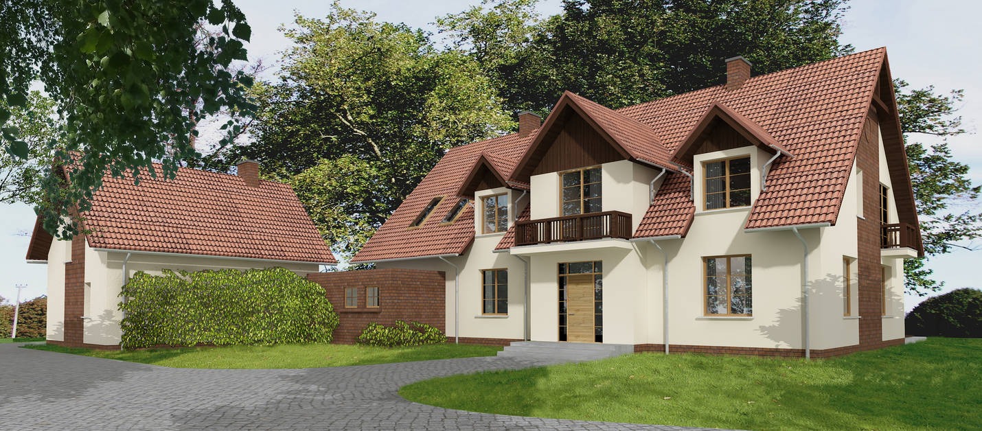 Wizualizacja dwukondygnacyjnego domu z czerwonym dachem, drewnianymi elementami i dobudowanym garażem, otoczonego zielenią i brukowanym podjazdem.