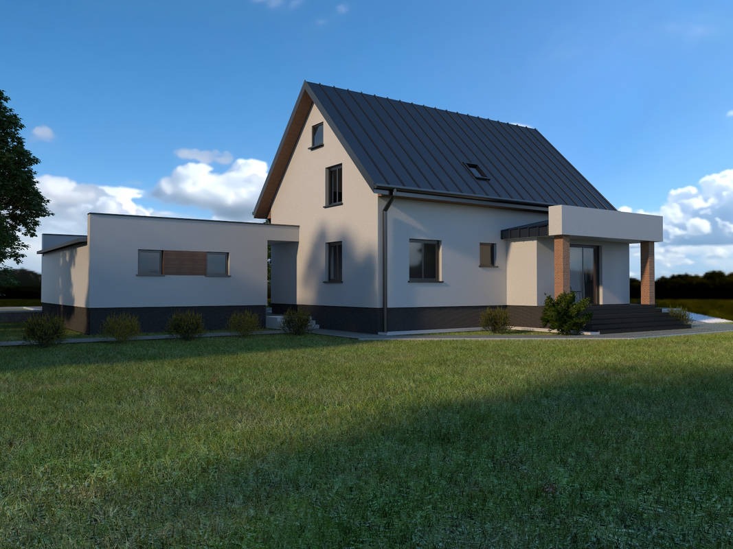 Wizualizacja nowoczesnego domu jednorodzinnego z płaskim dachem, połączonego z garażem, otoczonego trawnikiem i niskimi krzewami w słoneczny dzień.