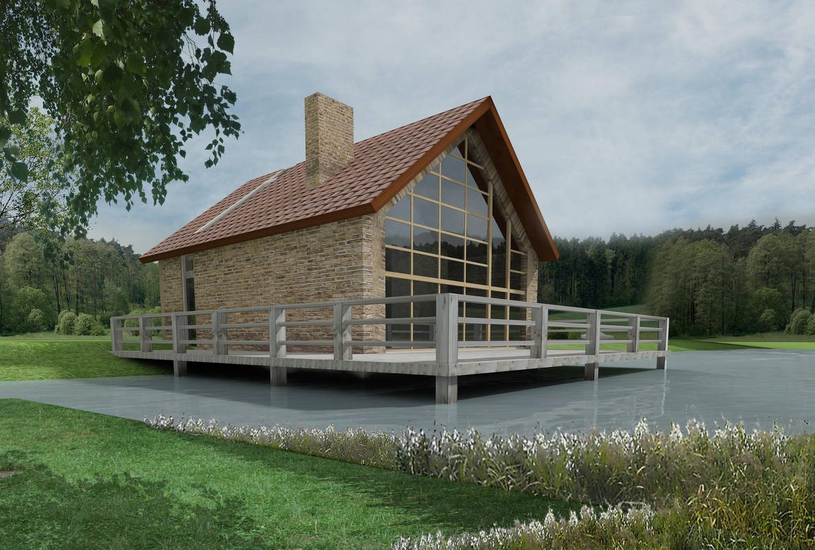 Wizualizacja domu z kamienia z dużym oknem szczytowym, posadowionego na pomoście nad wodą, otoczonego zielenią i lasem.
