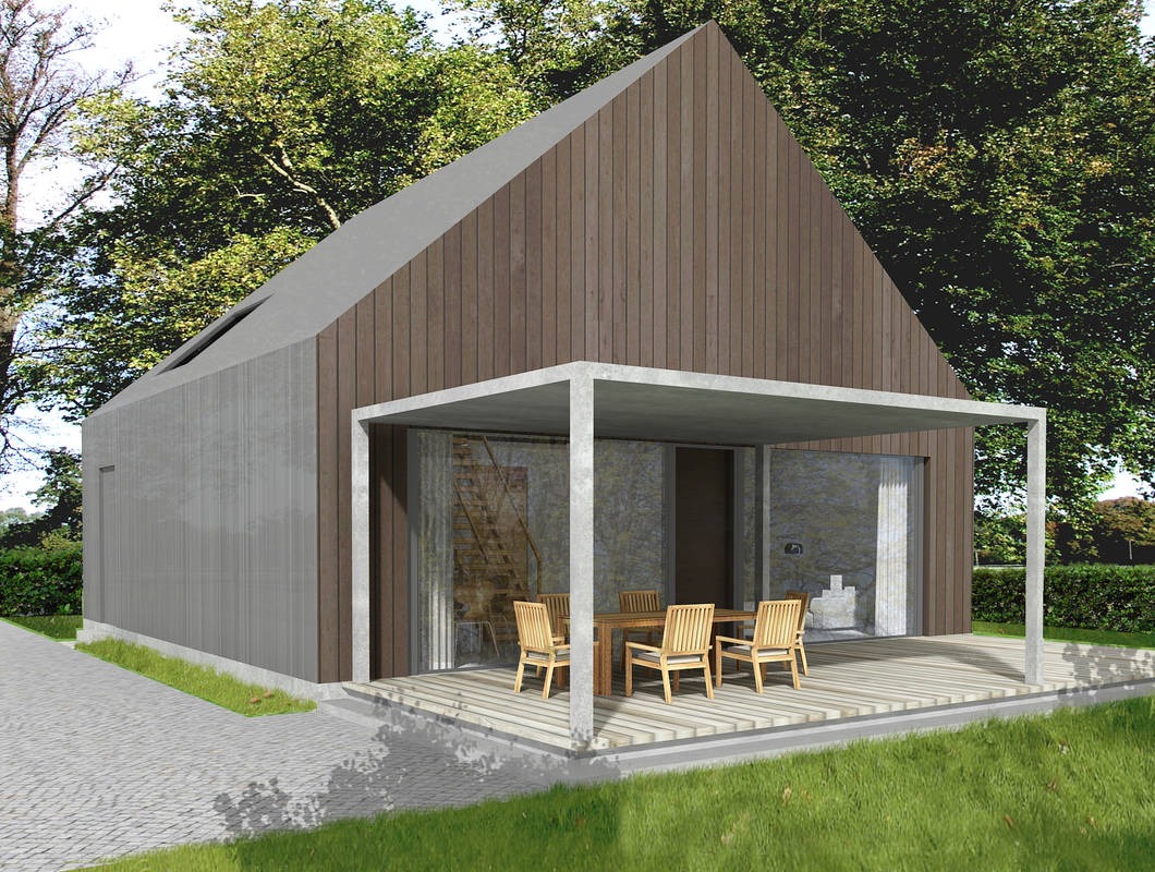 Wizualizacja nowoczesnego domu jednorodzinnego z drewnianą elewacją i betonowym tarasem, na którym stoi drewniany stół z krzesłami. Widoczny fragment brukowanej ścieżki i zielony trawnik.