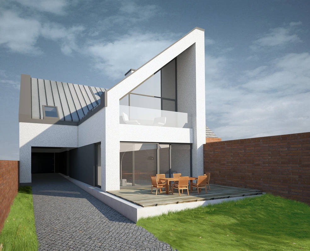 Wizualizacja nowoczesnego domu z białą elewacją, skośnym dachem i dużymi przeszkleniami, z drewnianym tarasem i kompletem mebli ogrodowych na zewnątrz.