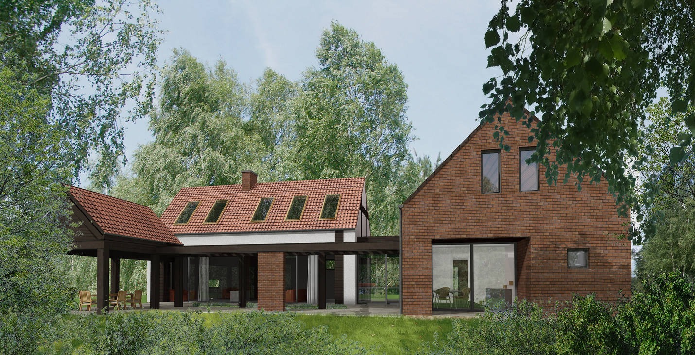 Wizualizacja domu jednorodzinnego z cegły klinkierowej z dachem dwuspadowym i oknami połaciowymi, otoczonego zielenią.