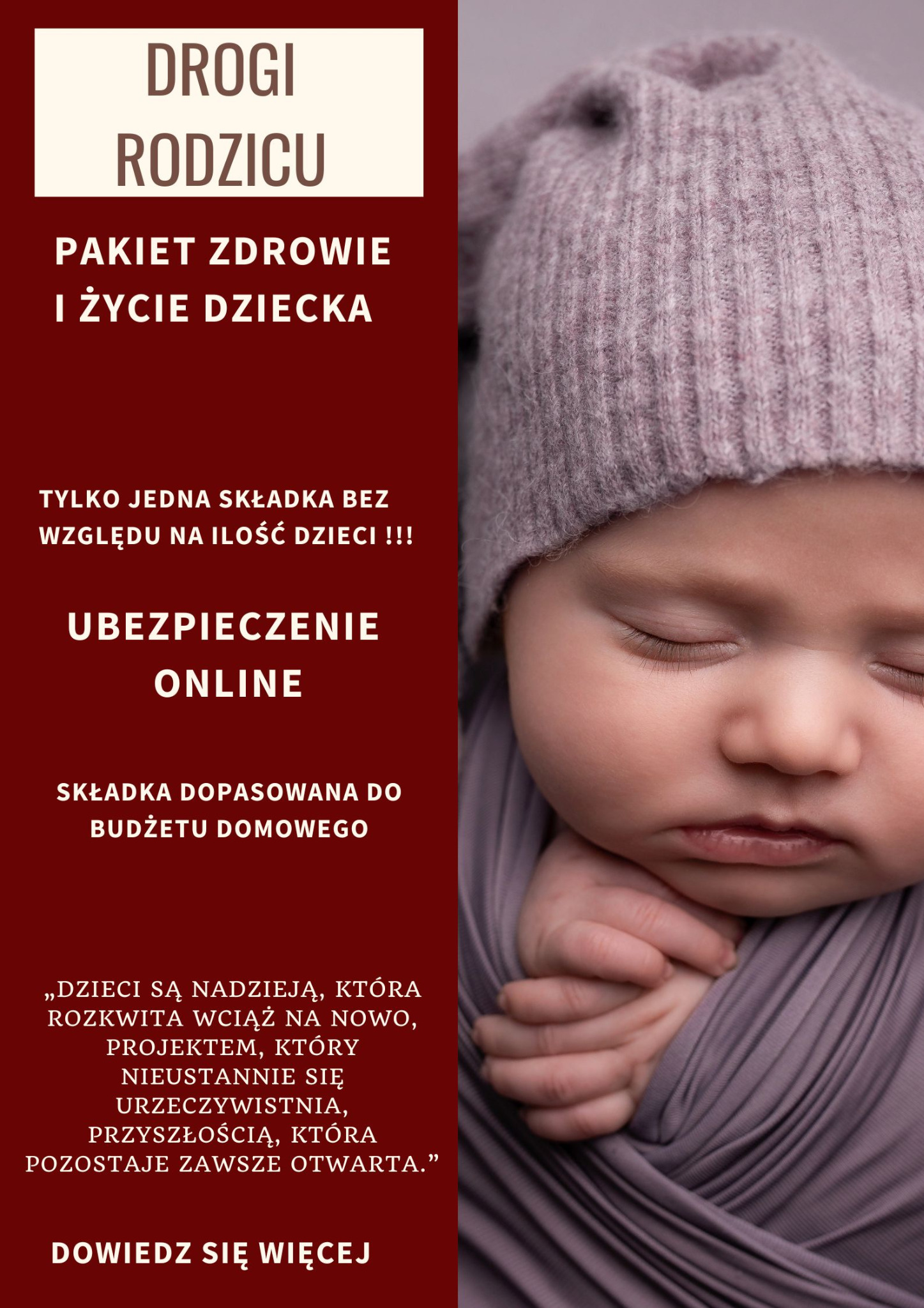Reklama pakietu ubezpieczeniowego dla dzieci z portretem śpiącego noworodka w fioletowym otulaczu i czapeczce.