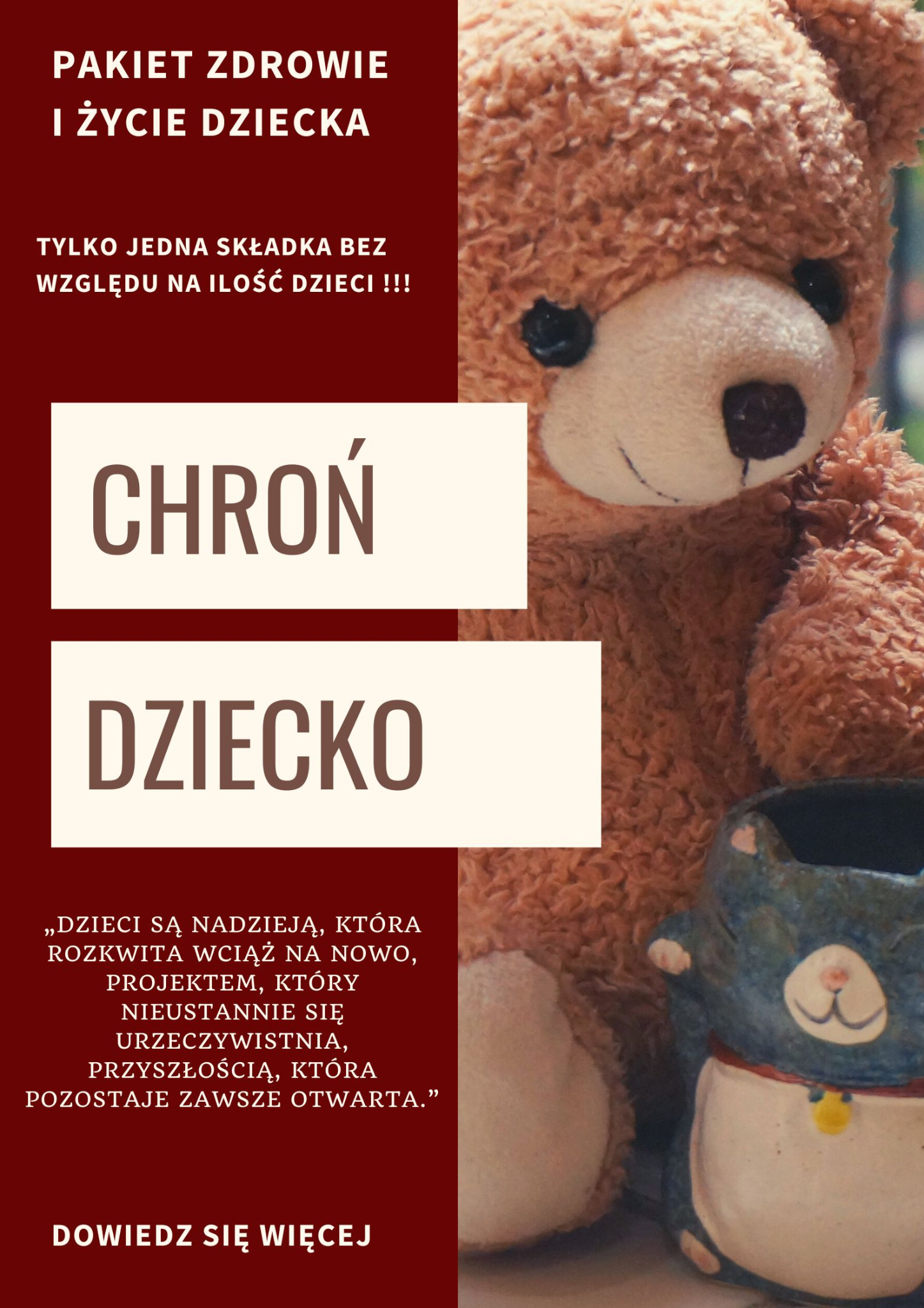 Reklama pakietu zdrowie i życie dziecka z pluszowym misiem i ceramiczną skarbonką w kształcie kota.