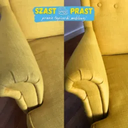 Żółty fotel tapicerowany: ramię fotela po lewej stronie z widocznym zabrudzeniem, prawa strona ramienia fotela po czyszczeniu, widoczna różnica w czystości tapicerki.