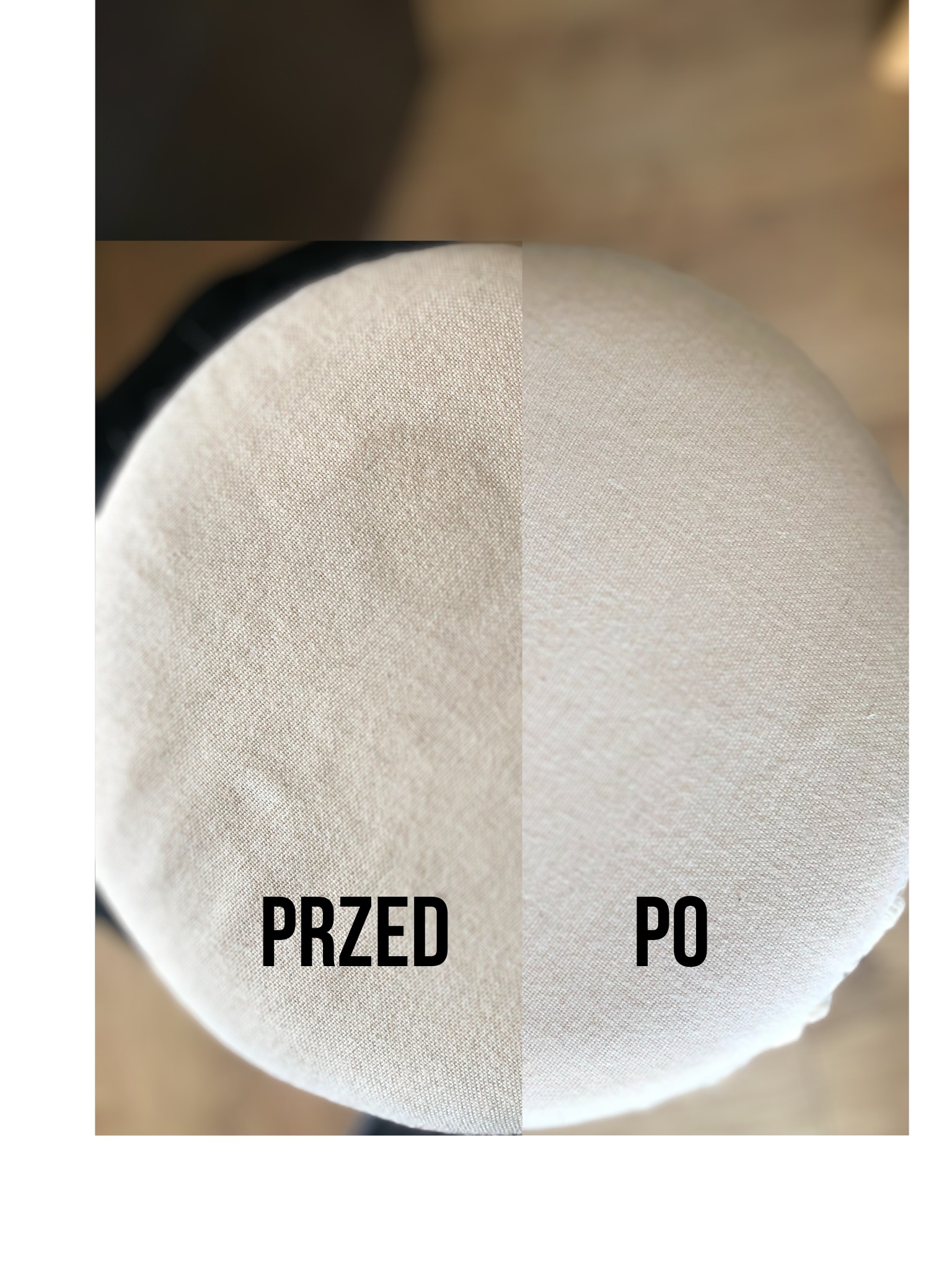 Tapicerowane siedzisko krzesła podzielone na pół, ukazujące różnicę przed i po czyszczeniu, z widoczną teksturą tkaniny.