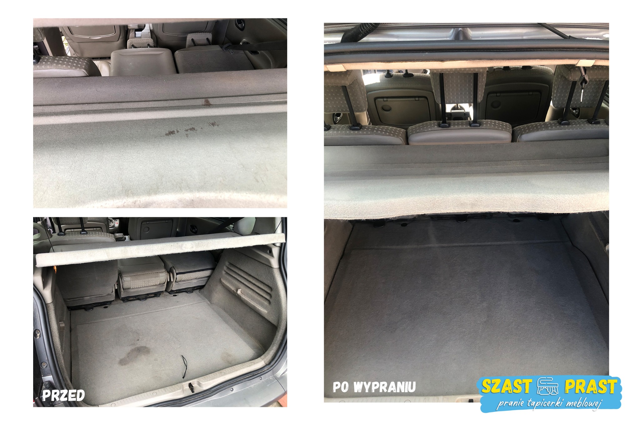 Bagażnik samochodu przed i po czyszczeniu, widoczne różnice w czystości tapicerki, z logo firmy czyszczącej w prawym dolnym rogu.