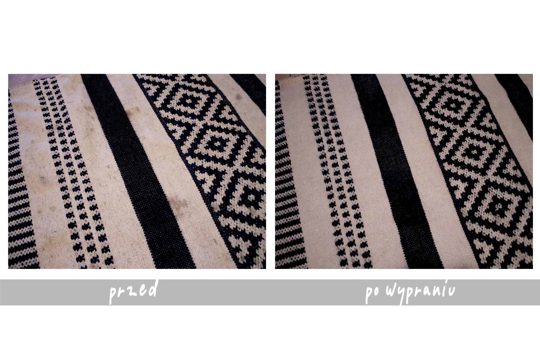 Dywan w paski z geometrycznym wzorem, widok przed i po usunięciu zabrudzeń, ukazujący efektywność czyszczenia.