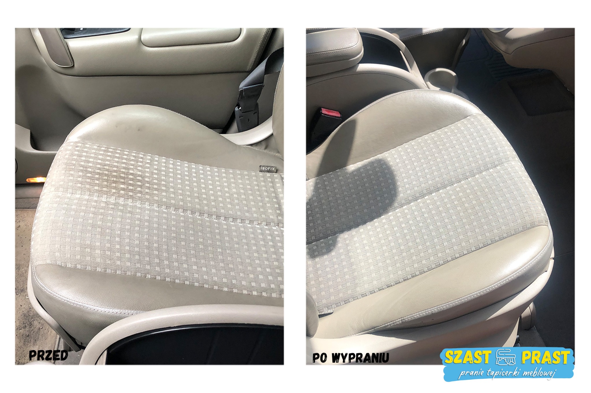 Porównanie fotela samochodowego przed i po czyszczeniu: widoczne różnice w czystości tapicerki z wzorem w kratkę, od wyraźnie zabrudzonej do odświeżonej i czystej.