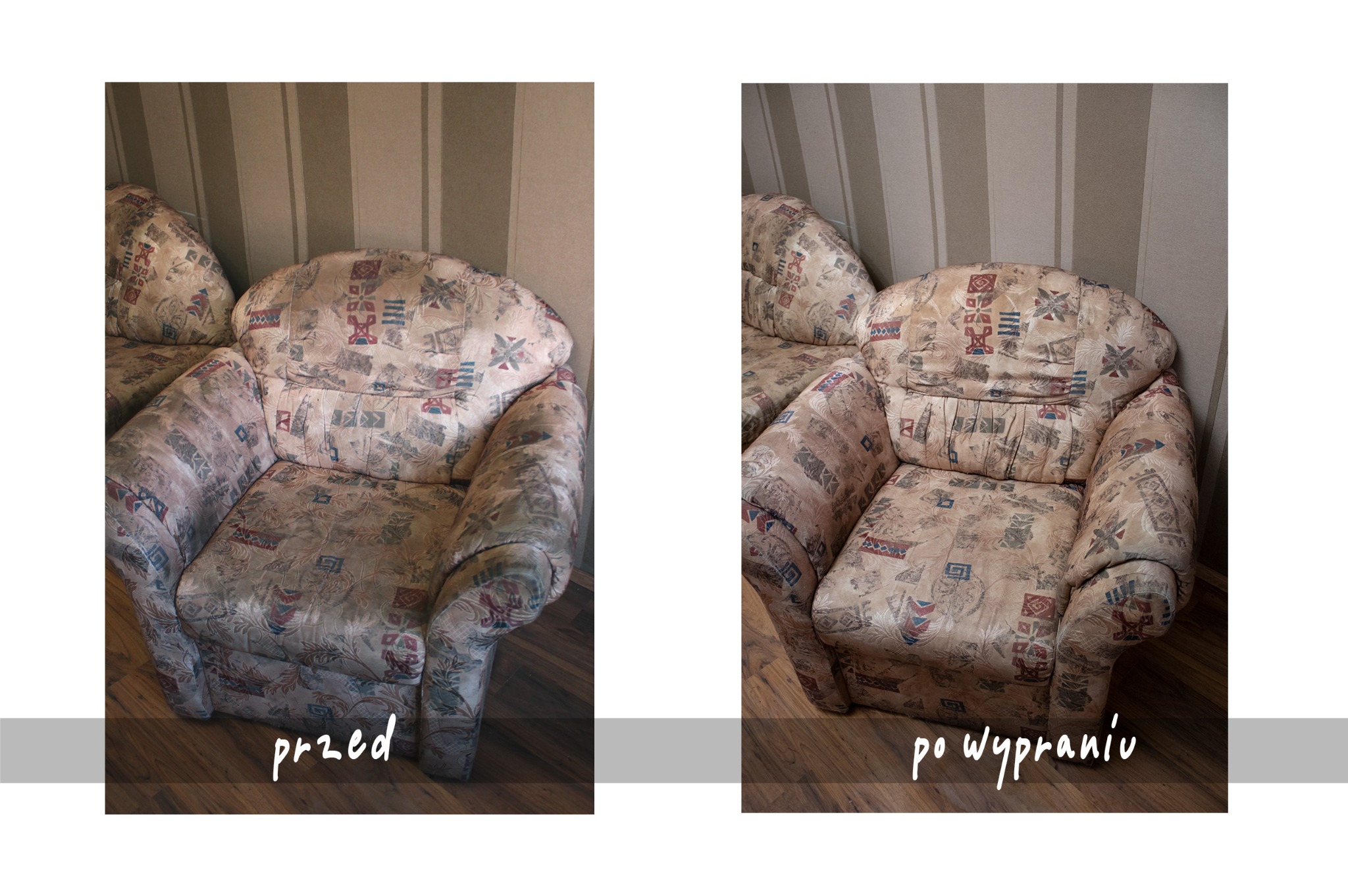 Porównanie fotela tapicerowanego z wzorzystą tkaniną przed i po czyszczeniu, ukazujące różnicę w wyglądzie i odświeżeniu kolorów.
