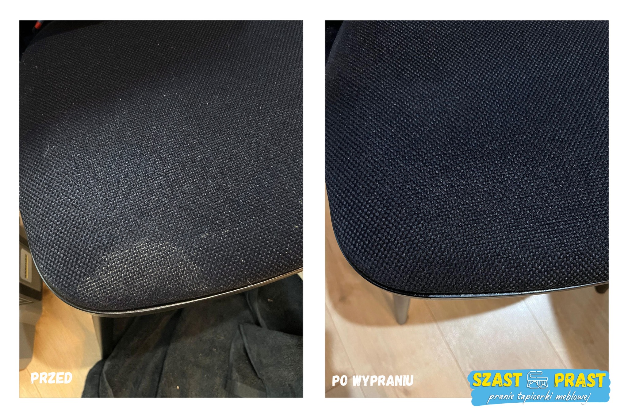 Krzesło biurowe z czarną tapicerką: widok z góry, porównanie stanu przed i po czyszczeniu. Po lewej stronie widoczne zabrudzenia, po prawej tapicerka czysta. W prawym dolnym rogu logo firmy.