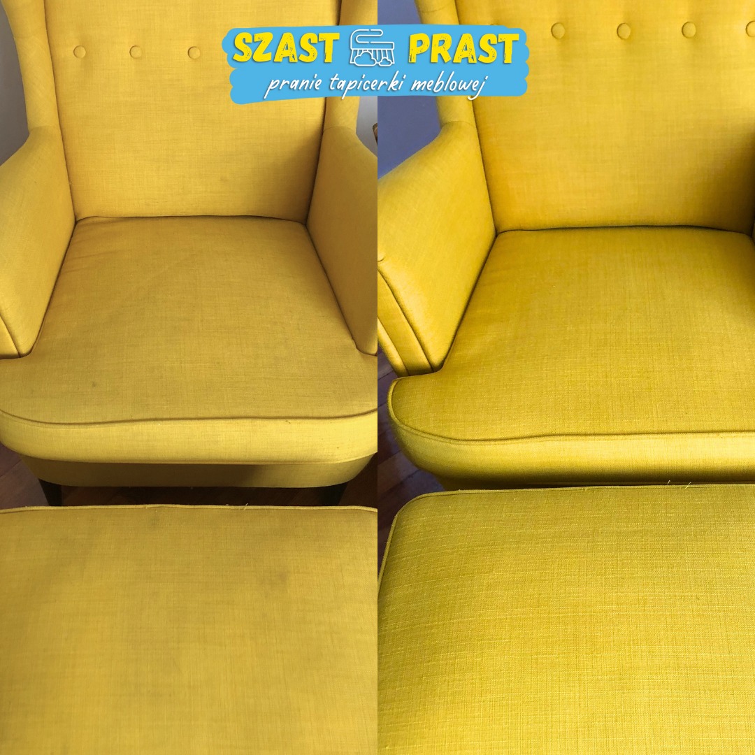 Żółty fotel typu uszak i podnóżek: po lewej stronie widoczne zabrudzenia, po prawej efekt czyszczenia tapicerki, z logo firmy na górze.