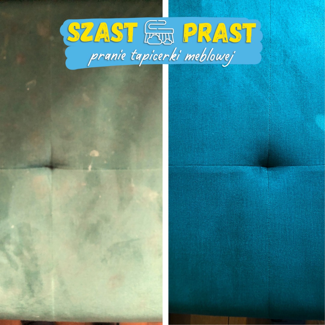 Porównanie: fragment sofy przed i po czyszczeniu, widoczna wyraźna różnica w kolorze i czystości tapicerki. Po lewej stronie zabrudzona, wyblakła zieleń, po prawej intensywny, czysty turkus.