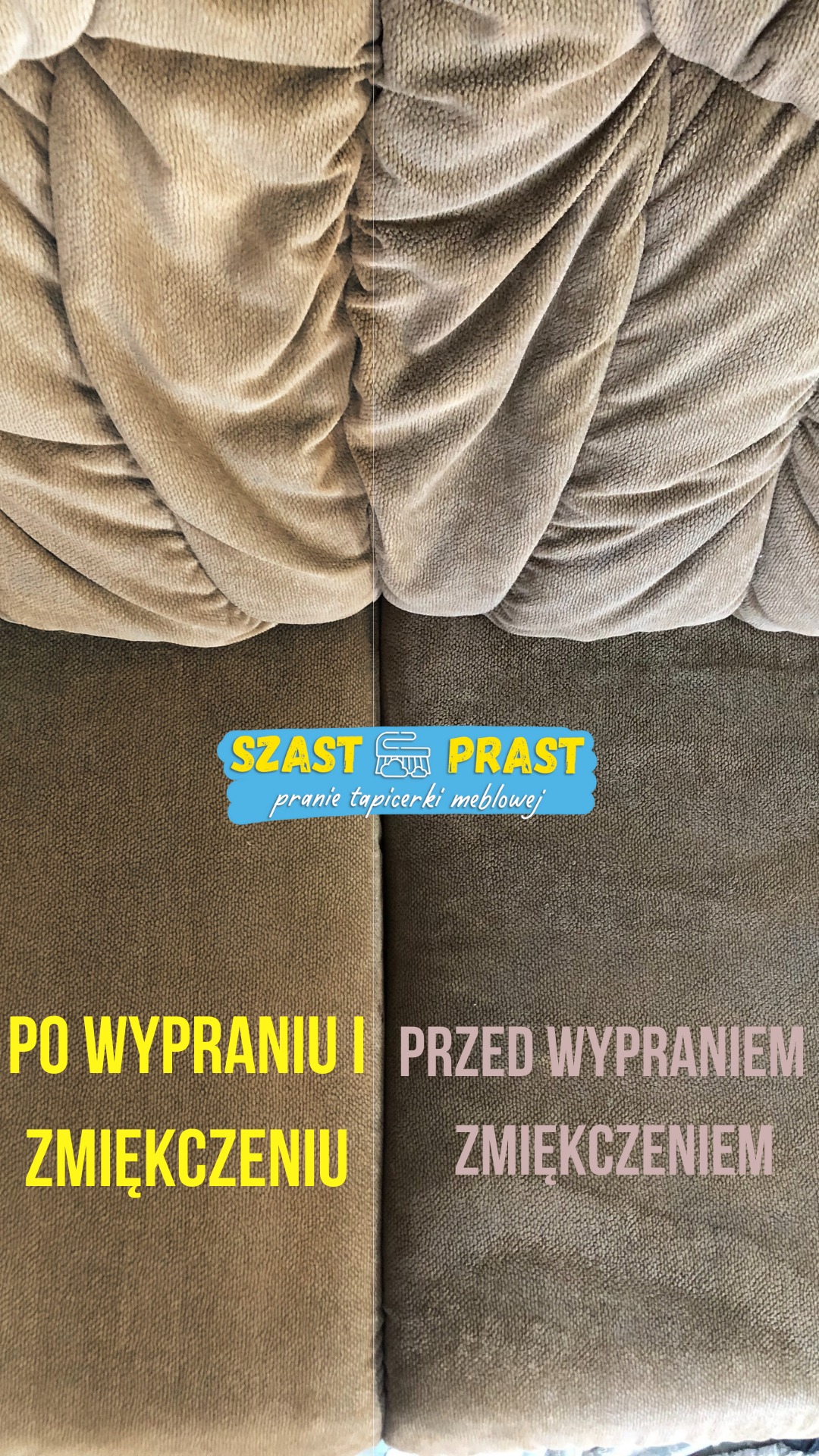 Beżowa tapicerka sofy, widok z góry, połowa po wypraniu i zmiękczeniu, druga połowa przed praniem i zmiękczeniem, widoczna różnica w kolorze i strukturze materiału.
