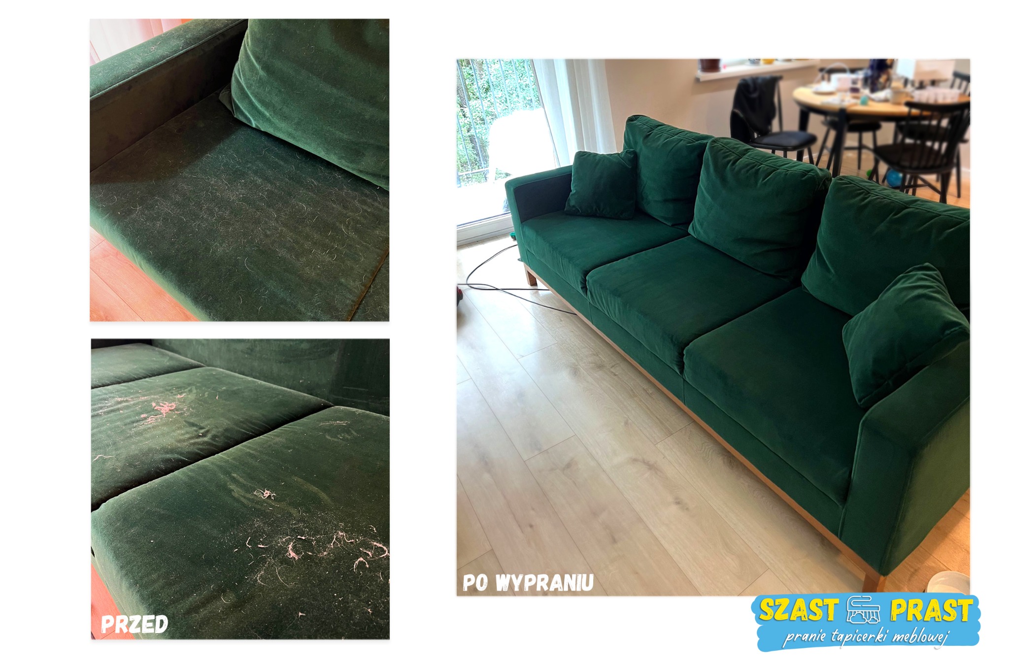 Zestawienie: fragment zielonej, welurowej kanapy przed i po czyszczeniu. Po lewej widoczne zabrudzenia, po prawej odświeżona kanapa w salonie.