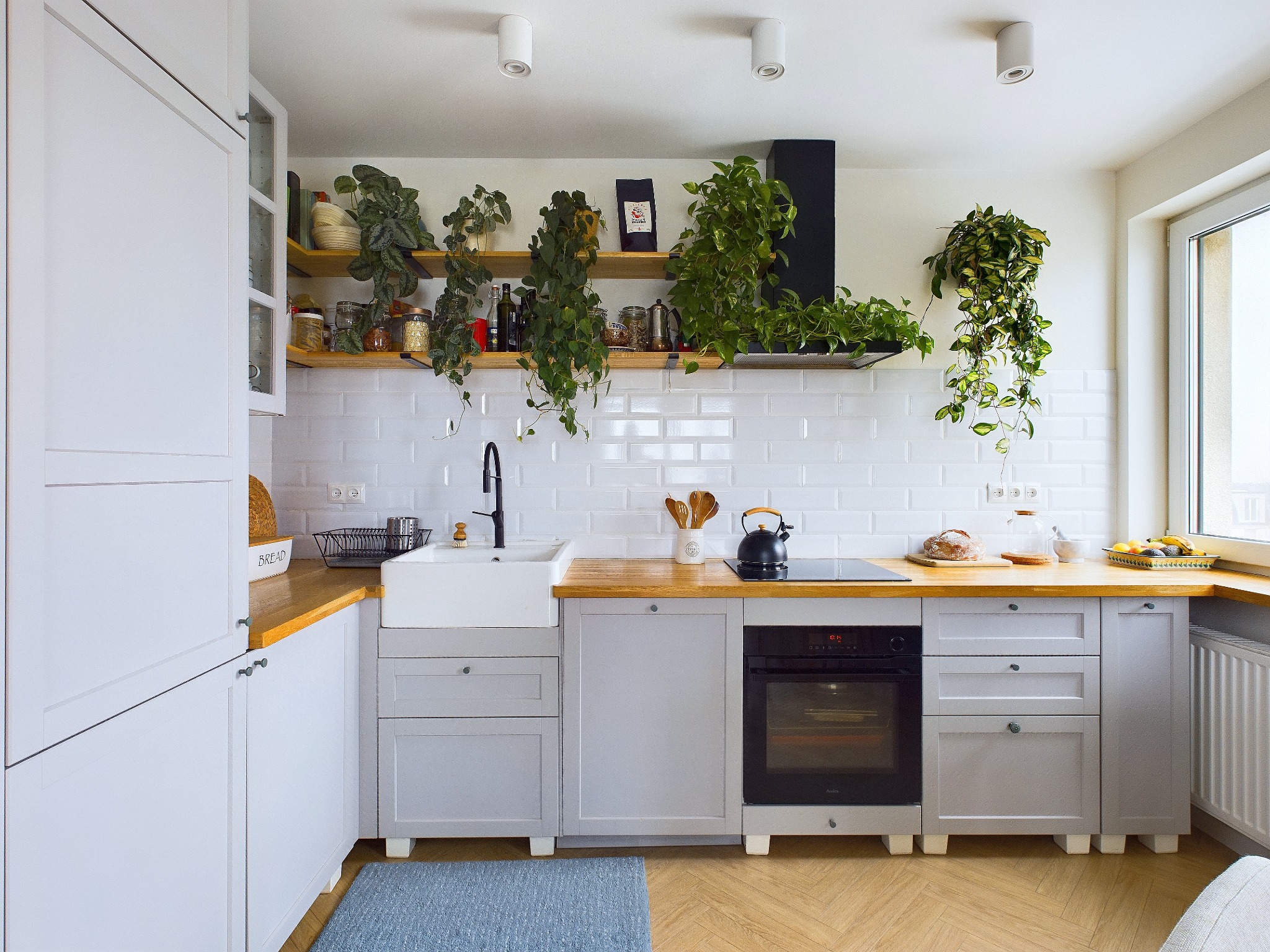 Jasna kuchnia z szarymi szafkami, drewnianym blatem, białymi kafelkami na ścianie i licznymi roślinami doniczkowymi na półkach i szafkach.