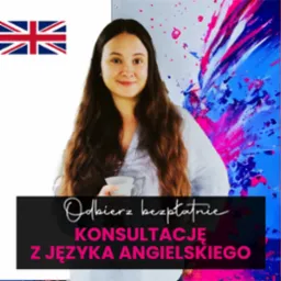 Kobieta z długimi brązowymi włosami uśmiecha się, trzymając filiżankę, za nią flaga Wielkiej Brytanii i abstrakcyjny obraz z różowymi i niebieskimi plamami, na dole napis 'Odbierz bezpłatnie...