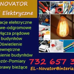 Wizualizacja usług elektrycznych: kolaż z narzędziami, kable, gniazdka, żarówka Edisona, obok tekstu z ofertą firmy EL-NOVATOR i numerem telefonu.