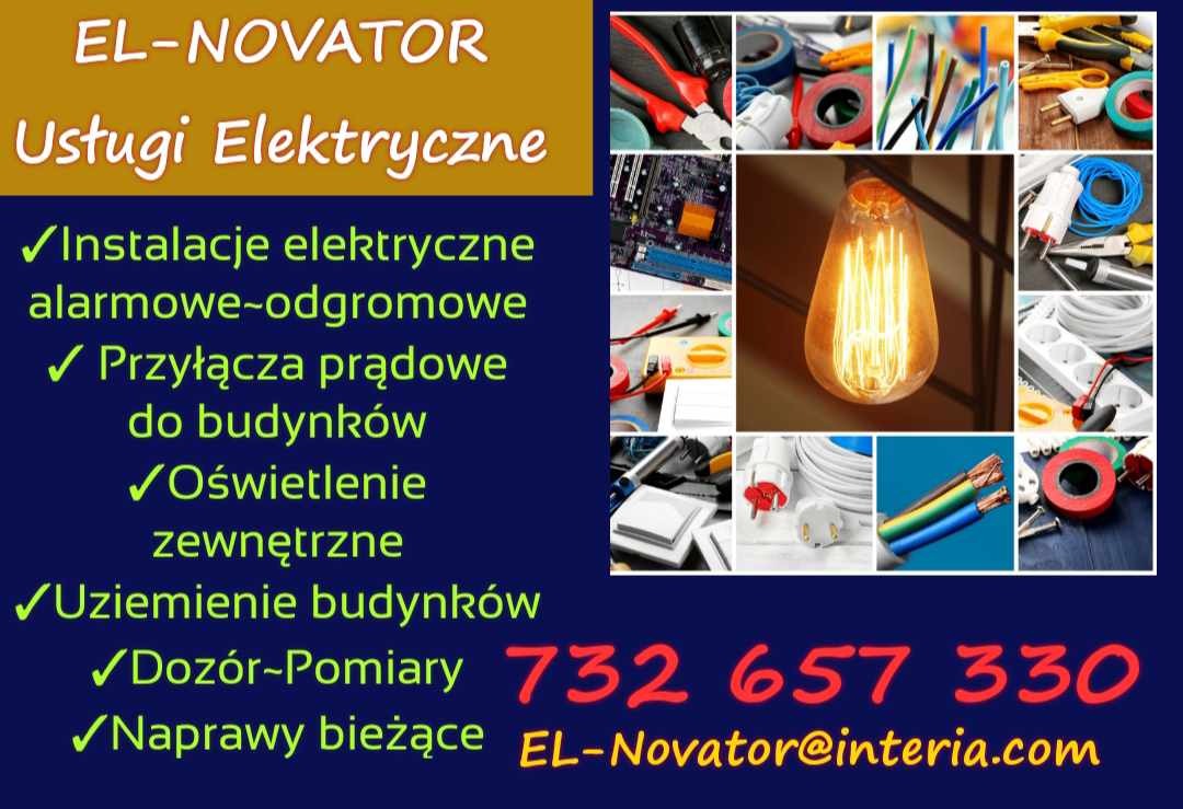 Wizualizacja usług elektrycznych: kolaż z narzędziami, kable, gniazdka, żarówka Edisona, obok tekstu z ofertą firmy EL-NOVATOR i numerem telefonu.