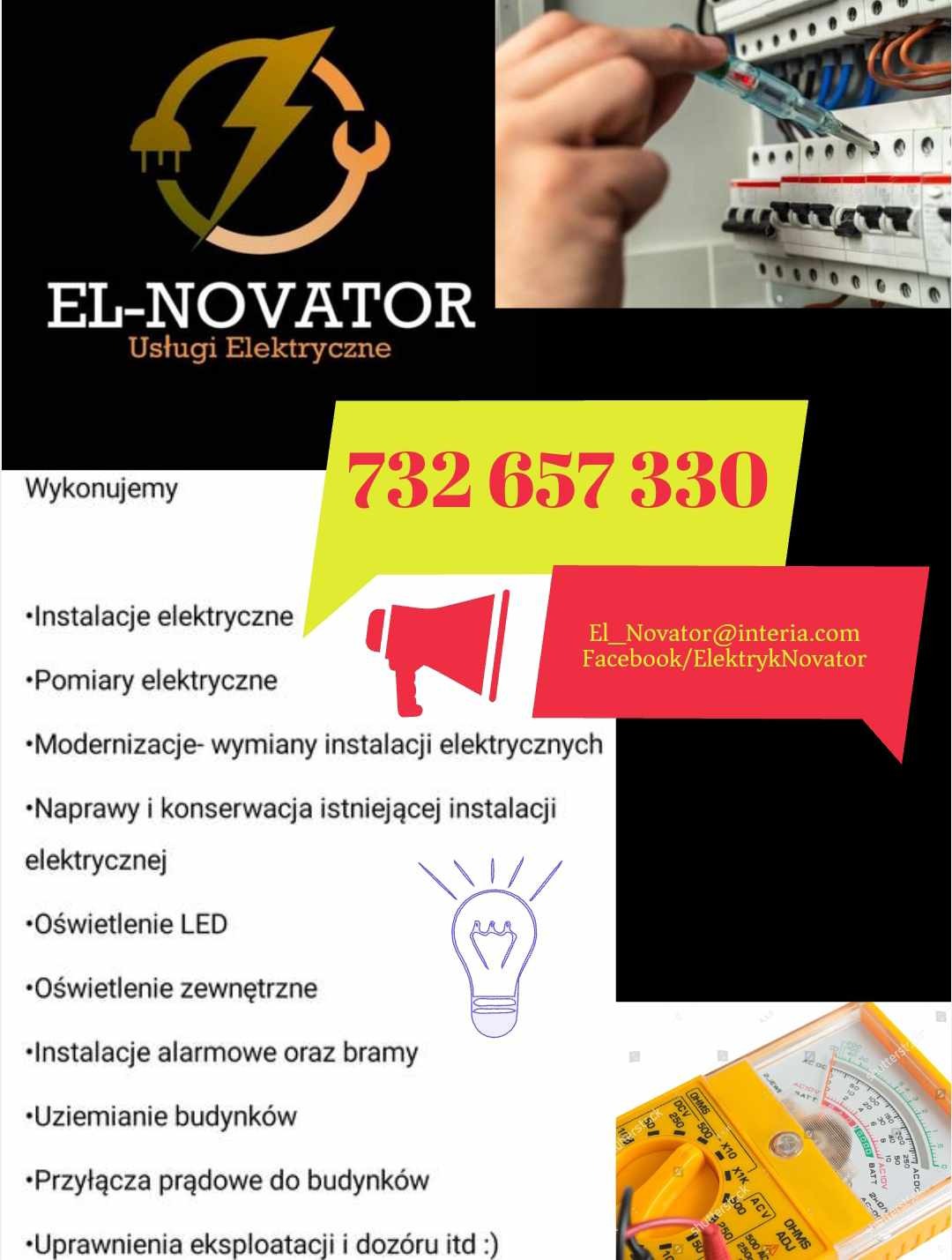 Reklama firmy EL-NOVATOR oferującej usługi elektryczne, prezentująca logo, dane kontaktowe, zakres usług oraz elektryka testującego napięcie w rozdzielnicy za pomocą próbnika i multimetru.