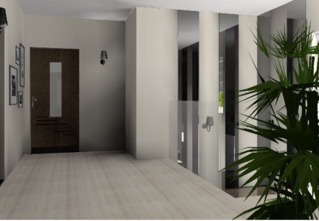 Wizualizacja wnętrza: jasne panele podłogowe, brązowe drzwi z przeszkleniem, białe ściany z czarnymi kinkietami, dekoracyjny element pionowych luster, zielona roślina doniczkowa w prawym dolnym rogu.