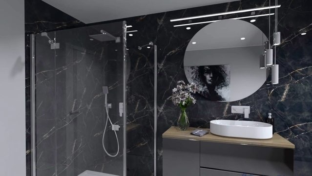 Nowoczesna łazienka z kabiną prysznicową typu walk-in, czarnymi płytkami imitującymi marmur z białymi żyłami, okrągłym lustrem i podwieszaną szafką z owalną umywalką nablatową.