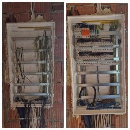 RK-ELEKTROBUD Radosław Kotliński - Dwa ujęcia tablicy rozdzielczej w trakcie montażu w surowej ścianie z cegły. Po lewej stronie widoczne przewody oczekujące na podłączenie, po prawej - częściowo podłączone zabezpieczenia i przewody.