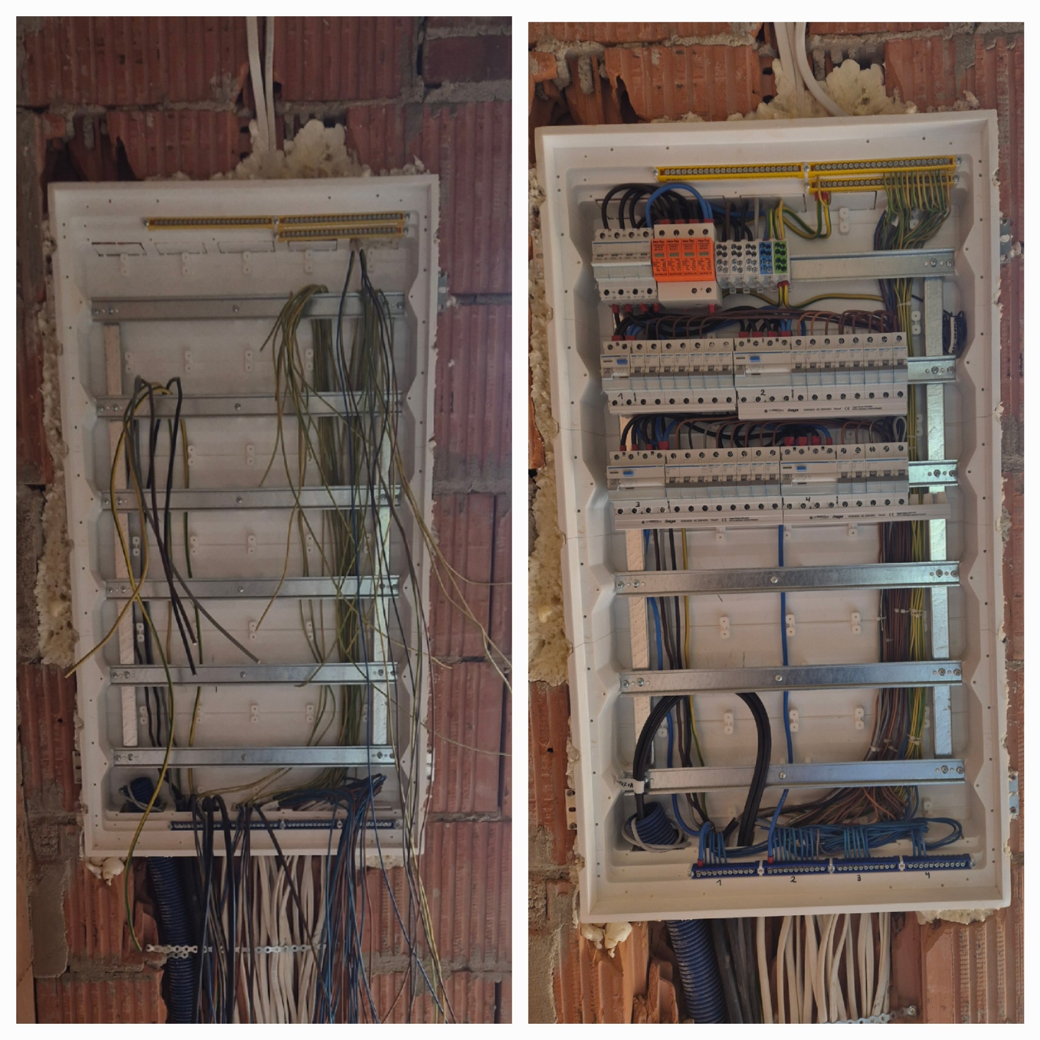 Dwa ujęcia tablicy rozdzielczej w trakcie montażu w surowej ścianie z cegły. Po lewej stronie widoczne przewody oczekujące na podłączenie, po prawej - częściowo podłączone zabezpieczenia i przewody.