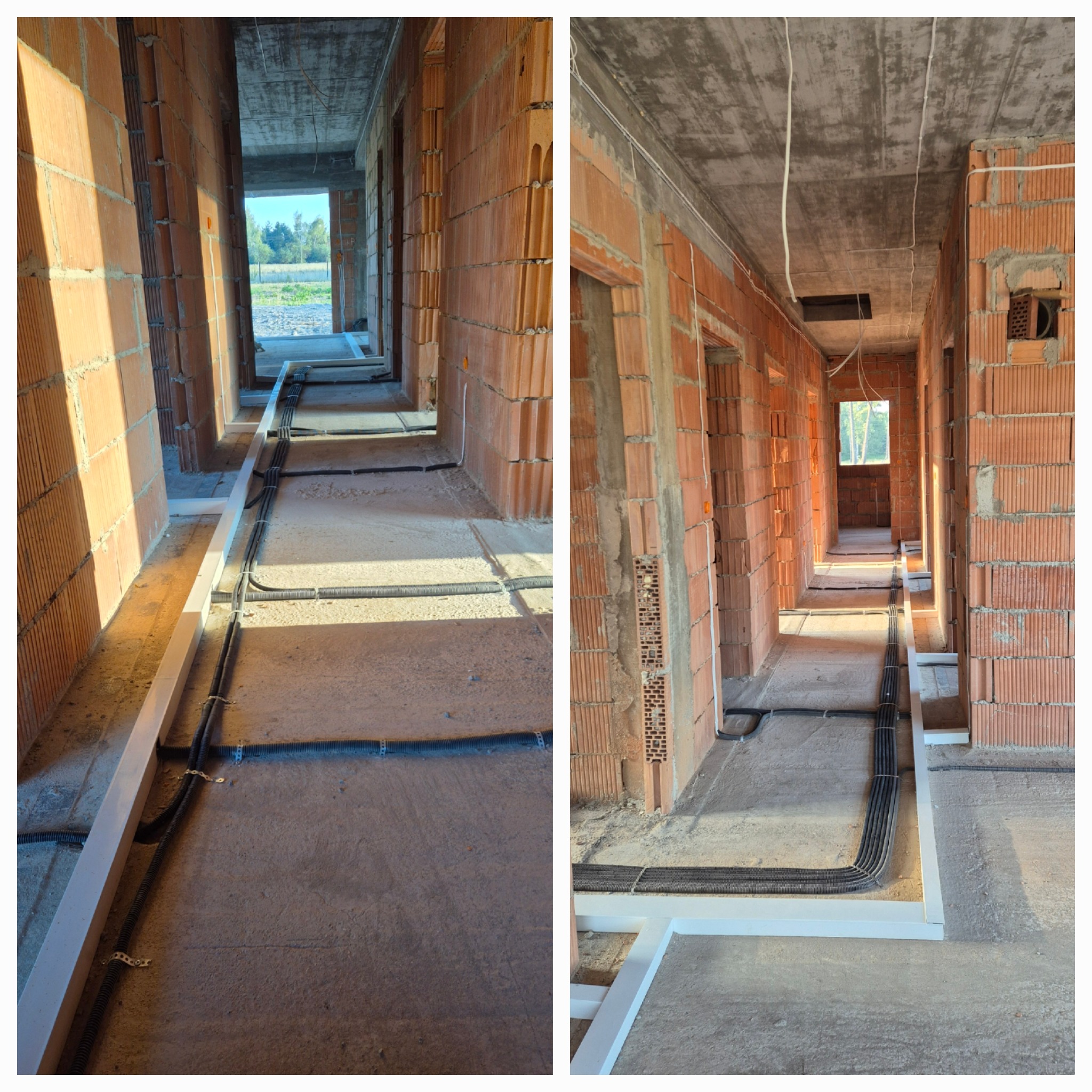 Kable elektryczne w peszlach prowadzone wzdłuż ściany z czerwonej cegły dziurawki w trakcie instalacji w surowym stanie budynku.