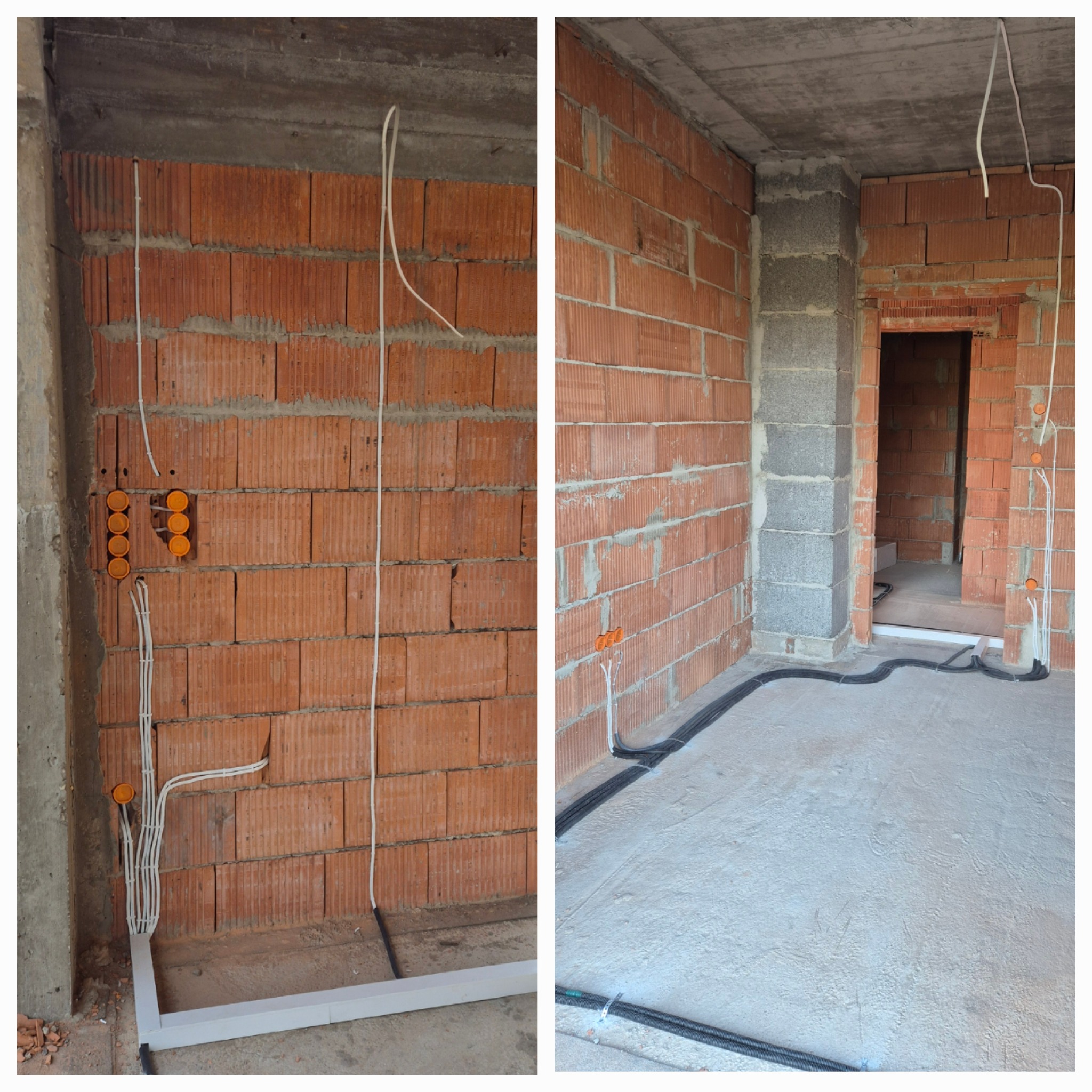 Wnętrze w trakcie prac elektrycznych: widoczne pomarańczowe puszki instalacyjne w surowej ceglanej ścianie, białe kable prowadzone po ścianie i czarne rury karbowane na podłodze w nowo budowanym...