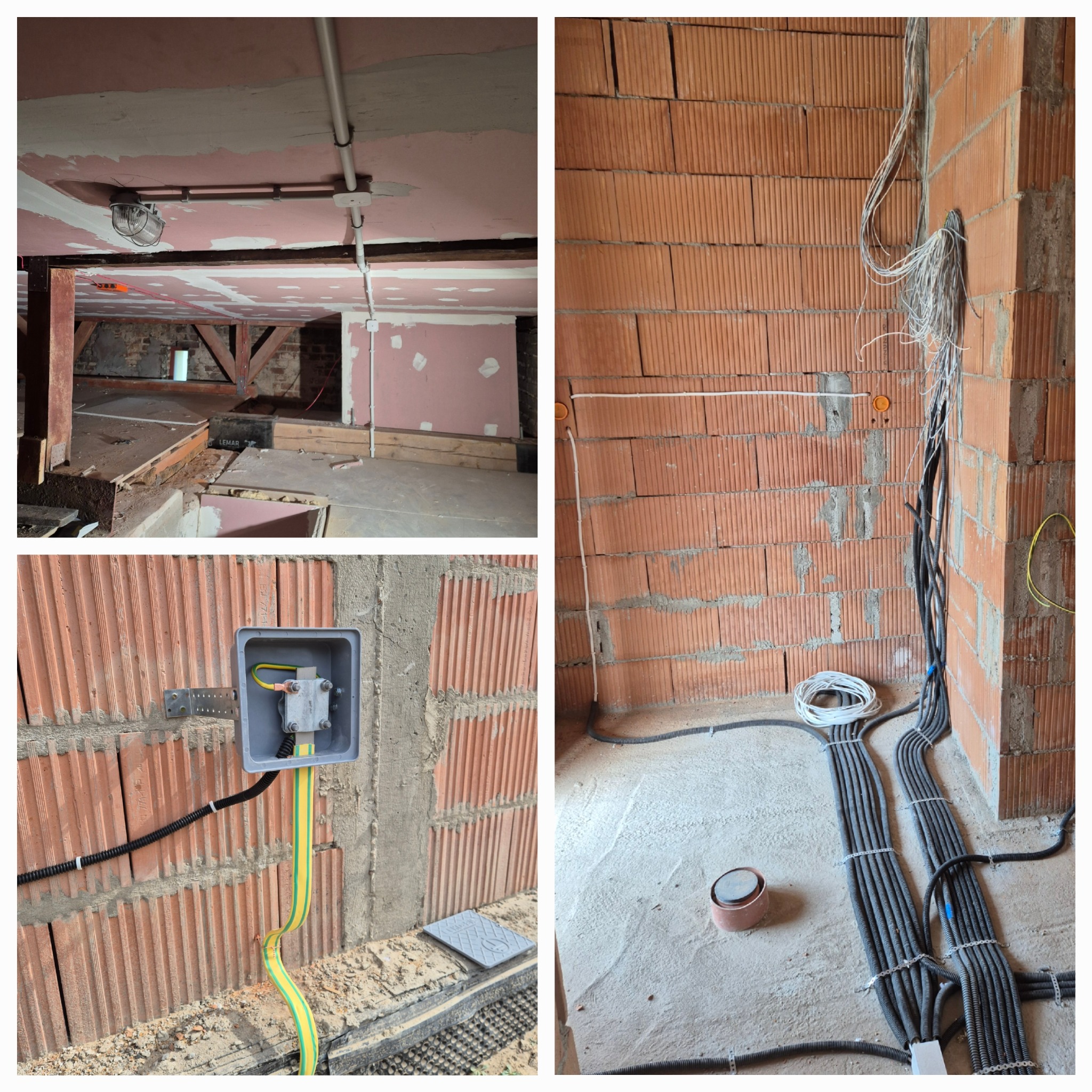 Wnętrze w trakcie prac elektrycznych: widoczne kable prowadzone po ścianach z cegły, puszka przyłączeniowa z uziemieniem, rury instalacyjne pod sufitem w surowym stanie.