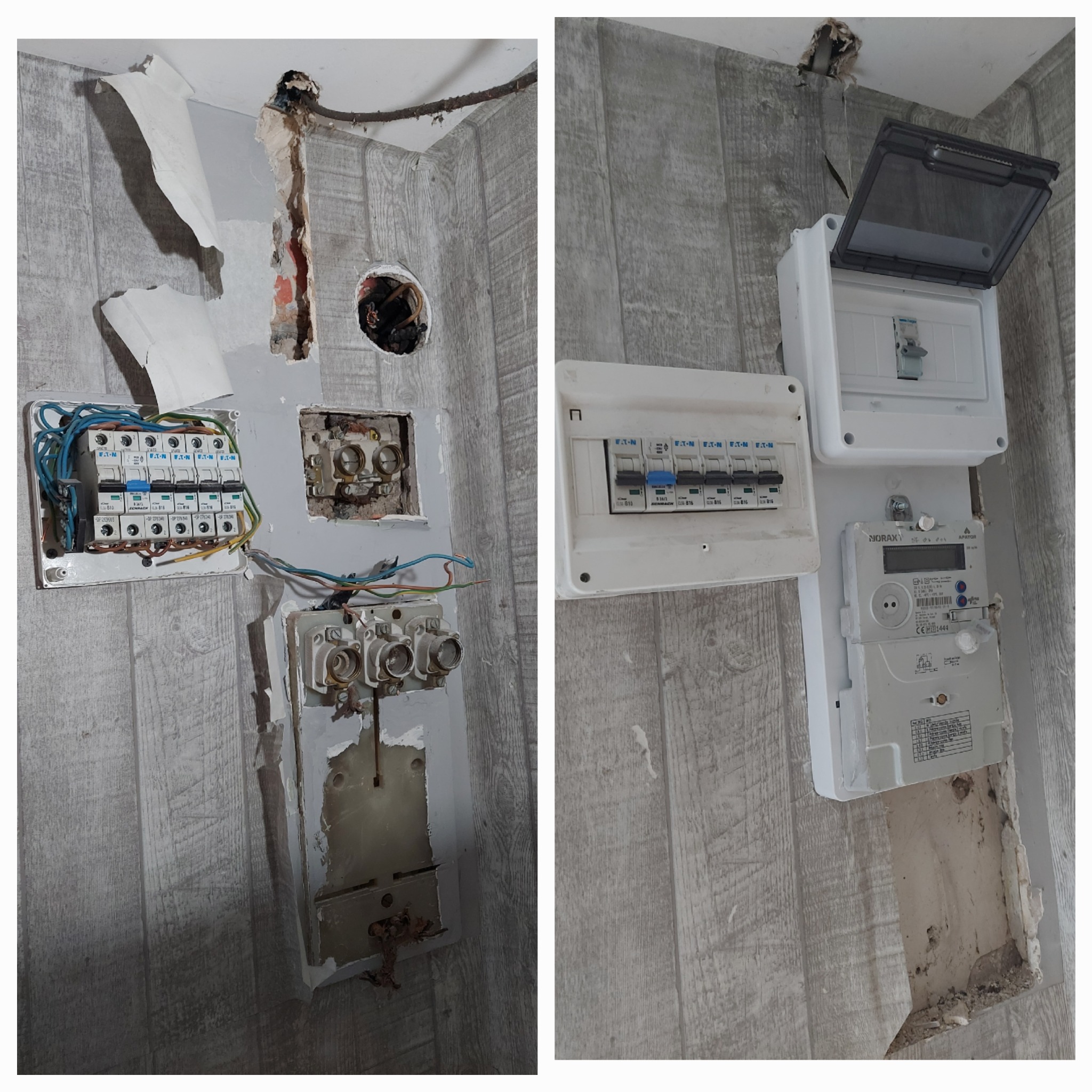 Rozdzielnica elektryczna z bezpiecznikami, licznikiem energii i przewodami, zamontowana na ścianie z tapetą imitującą drewno, widoczne uszkodzenia ściany.