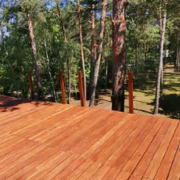 Nowa, drewniana deska tarasowa w kolorze ciepłego brązu, z widoczną balustradą i słupkami, otoczona zielonym lasem sosnowym w słoneczny dzień.