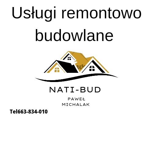 Logo firmy remontowo-budowlanej Nati-Bud Pawła Michalaka, z trzema stylizowanymi domami z czarnymi i złotymi dachami oraz numerem telefonu.