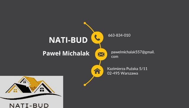 Wizytówka firmy budowlanej Nati-Bud z logo przedstawiającym domy z żółtymi dachami, numerem telefonu, adresem e-mail i adresem siedziby w Warszawie.