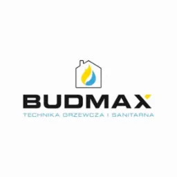 Logo firmy BUDMAX z symbolem płomienia w kształcie kropli w obrysie domu, napis 'TECHNIKA GRZEWCZA I SANITARNA' pod nazwą firmy.