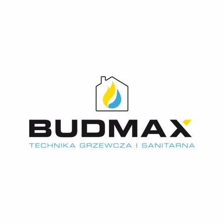 Logo firmy BUDMAX z symbolem płomienia w kształcie kropli w obrysie domu, napis 'TECHNIKA GRZEWCZA I SANITARNA' pod nazwą firmy.