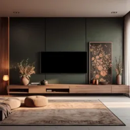 Nowoczesny salon z ciemnozieloną ścianą, drewnianą szafką RTV, telewizorem, obrazem z motywem kwiatowym, wazonami z suszonymi kwiatami, lampką podłogową i pufami na dywanie.